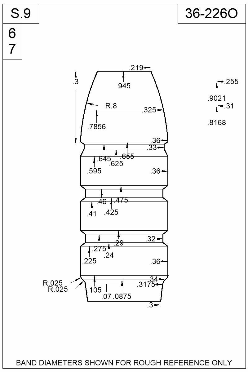 Dimensioned view of bullet 36-226O