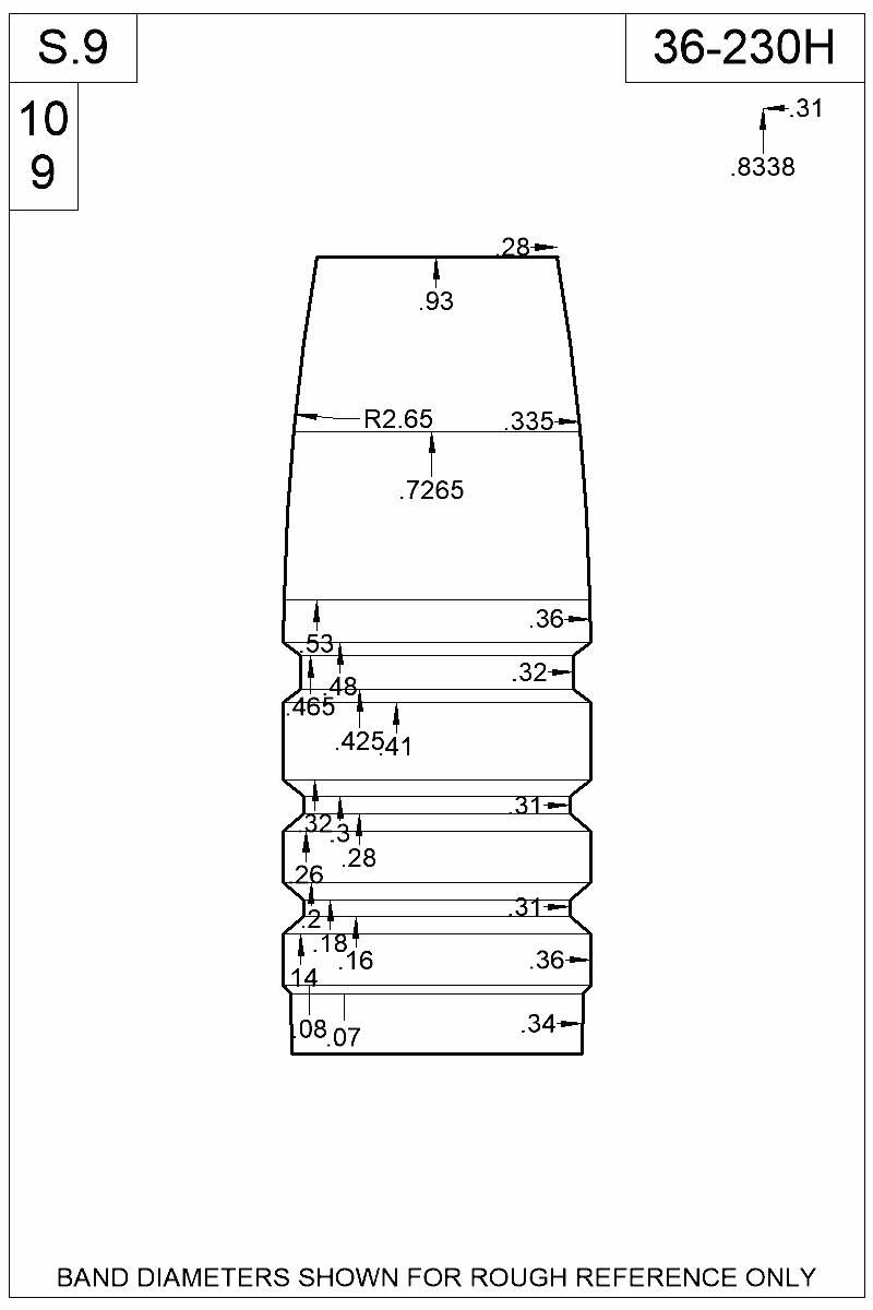 Accurate Molds catalog #36-230H Dimensioned view of bullet 36-230H