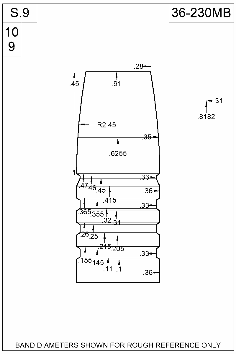 Dimensioned view of bullet 36-230MB