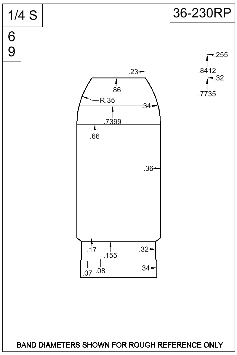 Dimensioned view of bullet 36-230RP