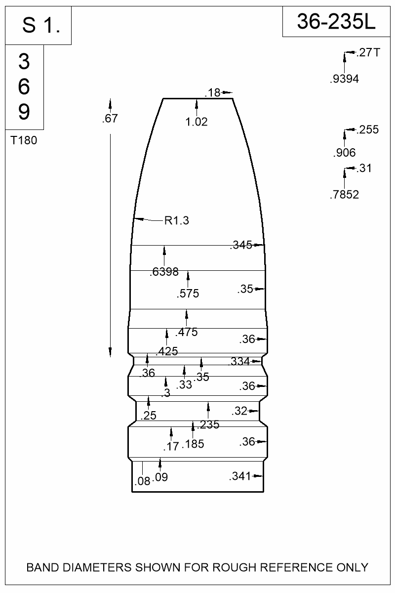 Dimensioned view of bullet 36-235L