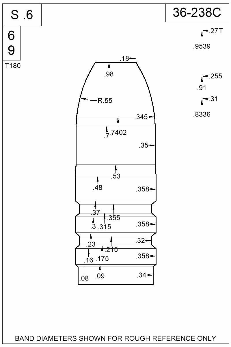 Dimensioned view of bullet 36-238C