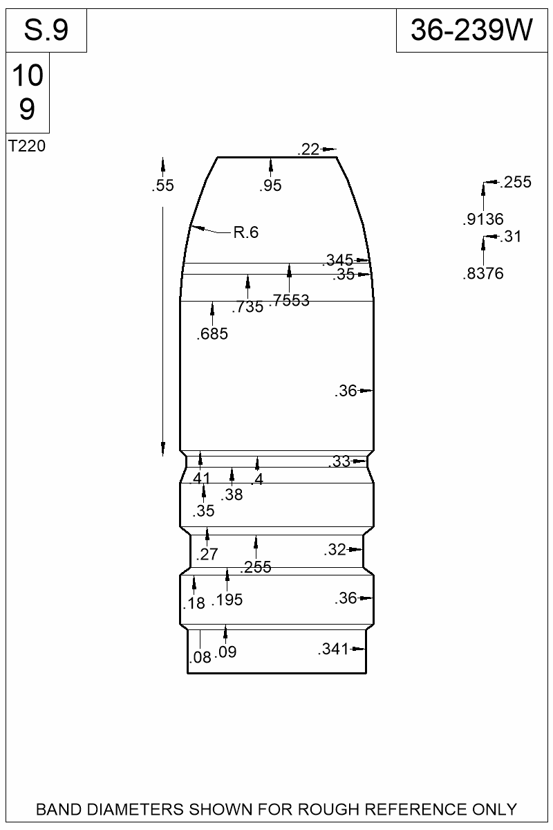 Dimensioned view of bullet 36-239W