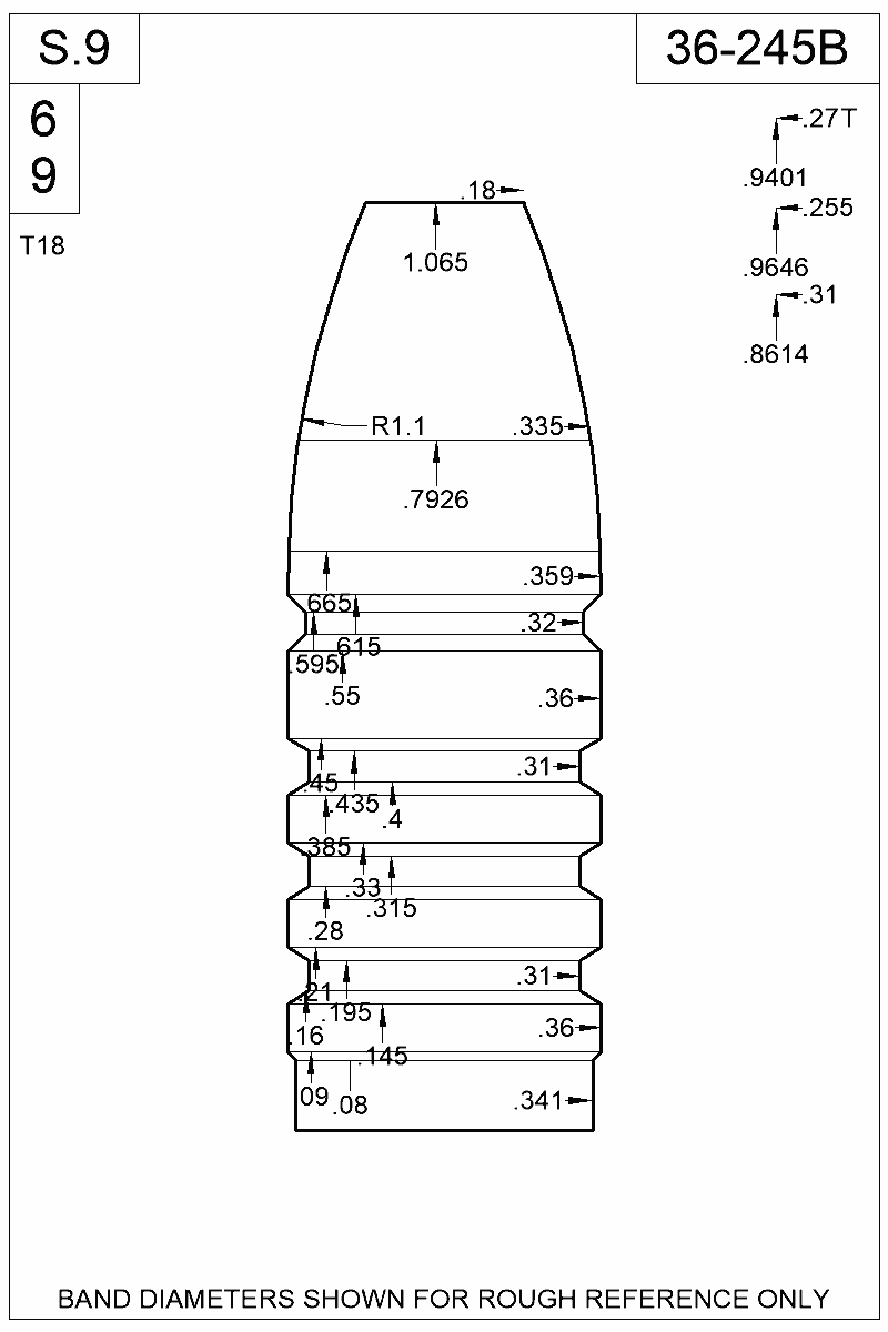 Accurate Molds catalog #36-245B Dimensioned view of bullet 36-245B