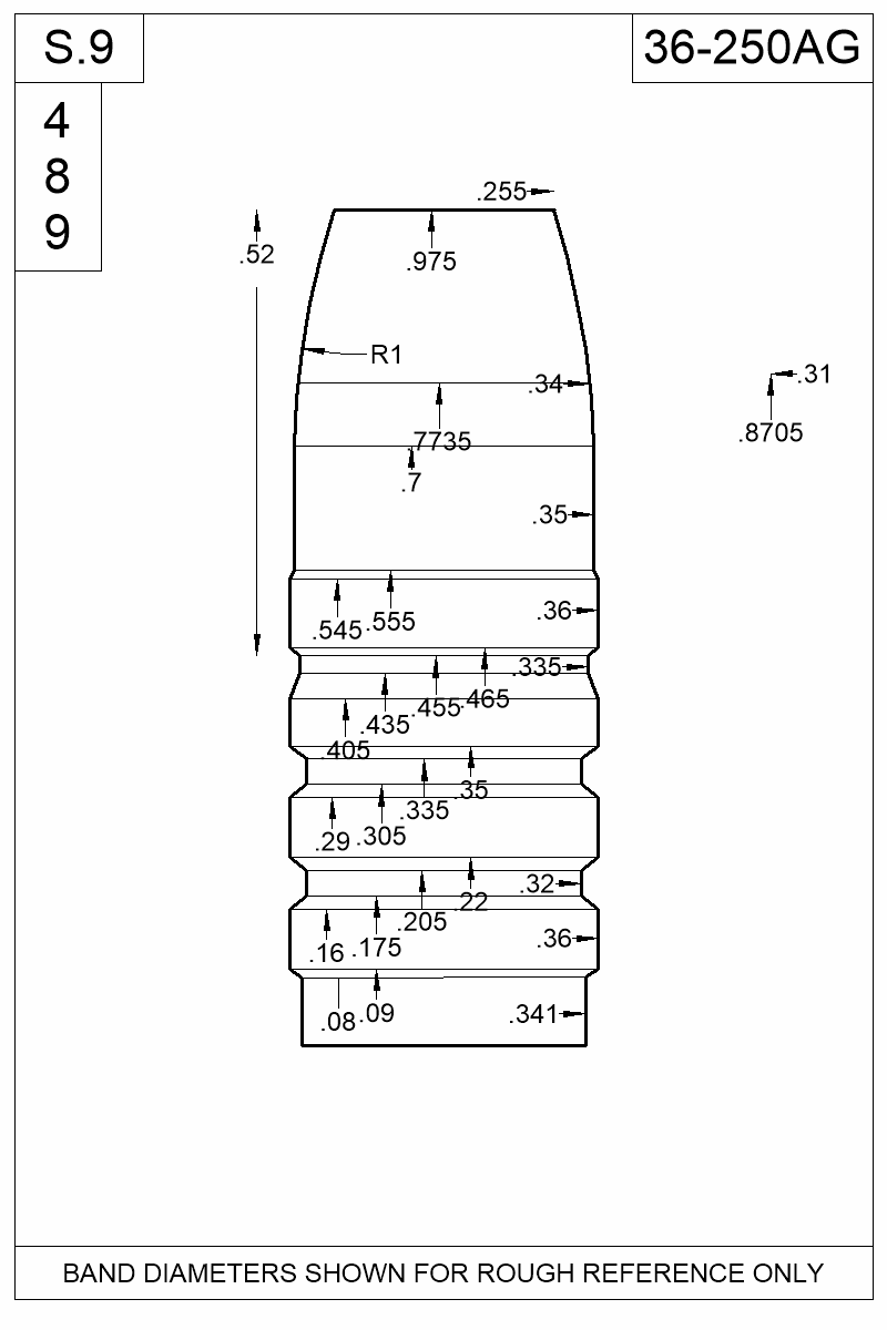 Dimensioned view of bullet 36-250AG