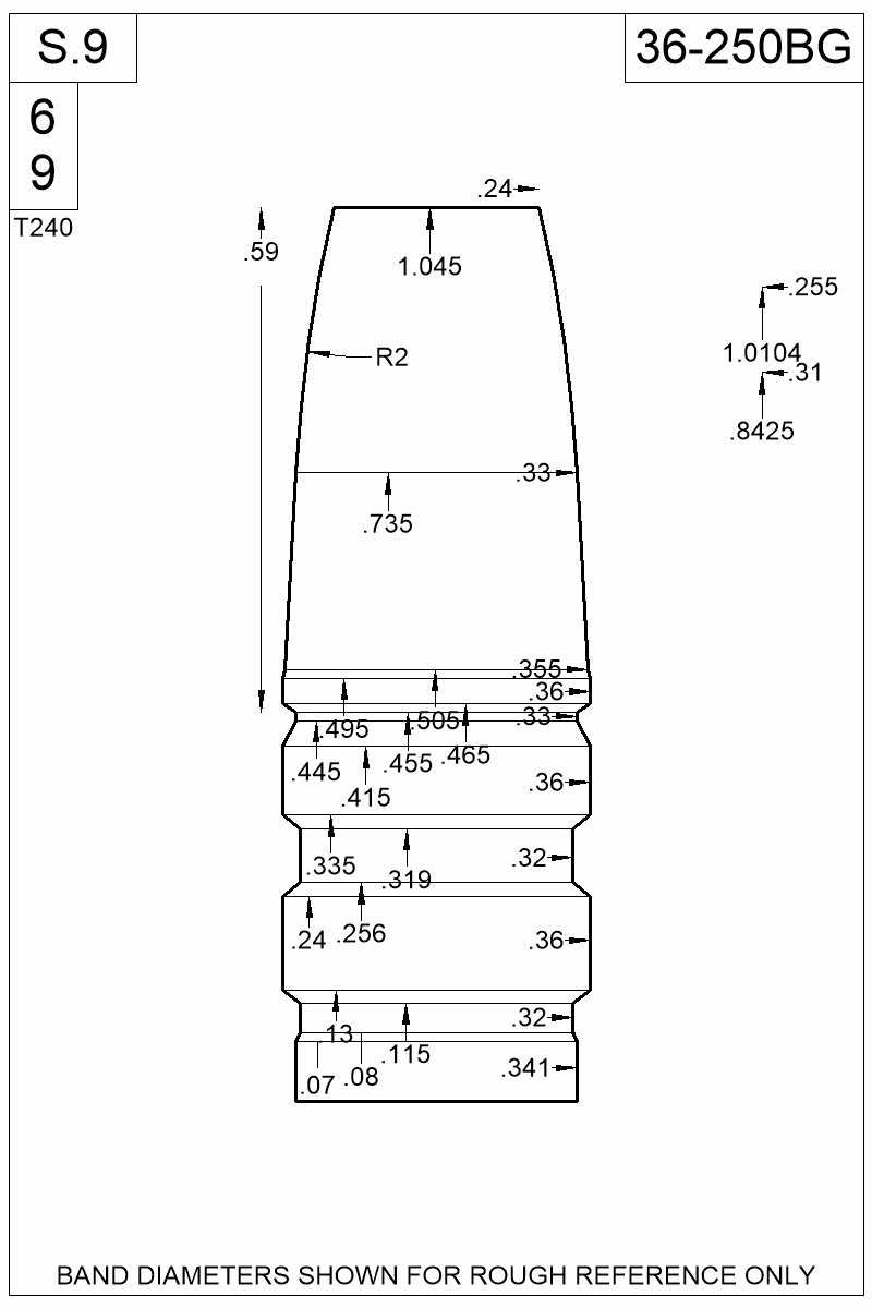 Dimensioned view of bullet 36-250BG