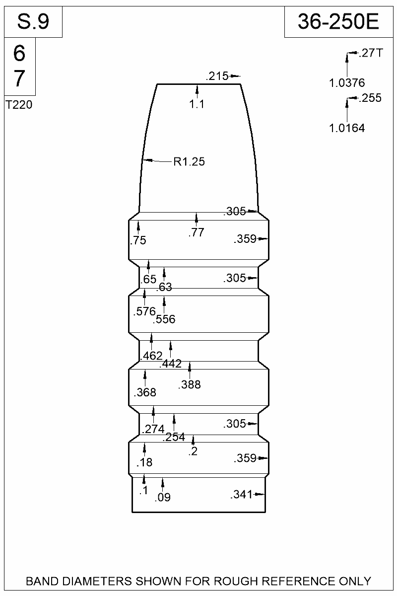 Dimensioned view of bullet 36-250E