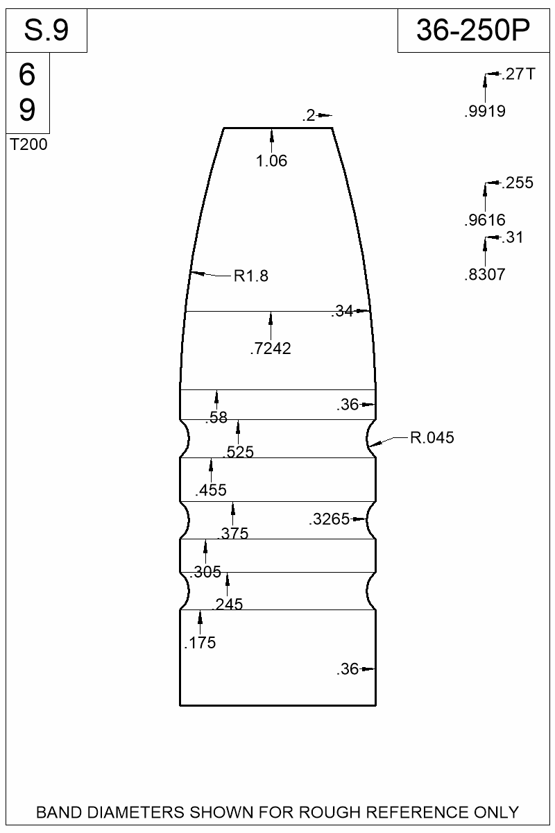 Dimensioned view of bullet 36-250P