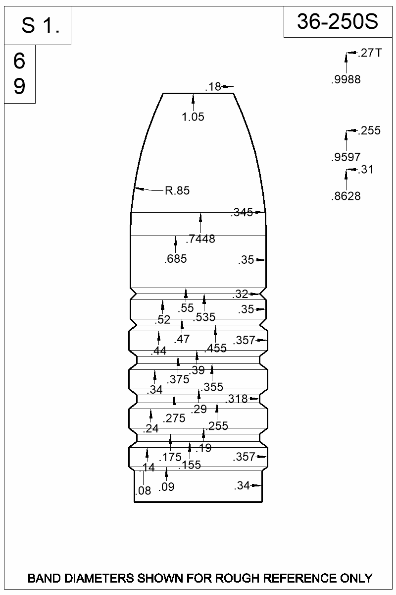 Dimensioned view of bullet 36-250S