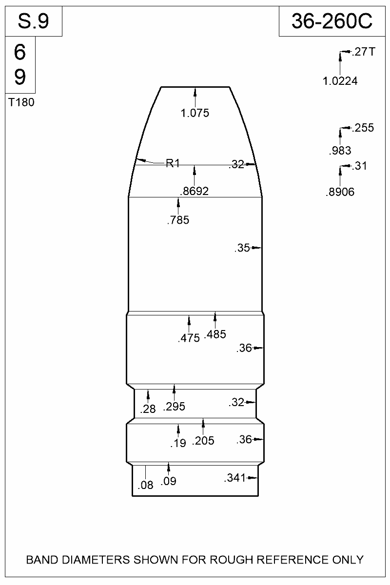 Dimensioned view of bullet 36-260C
