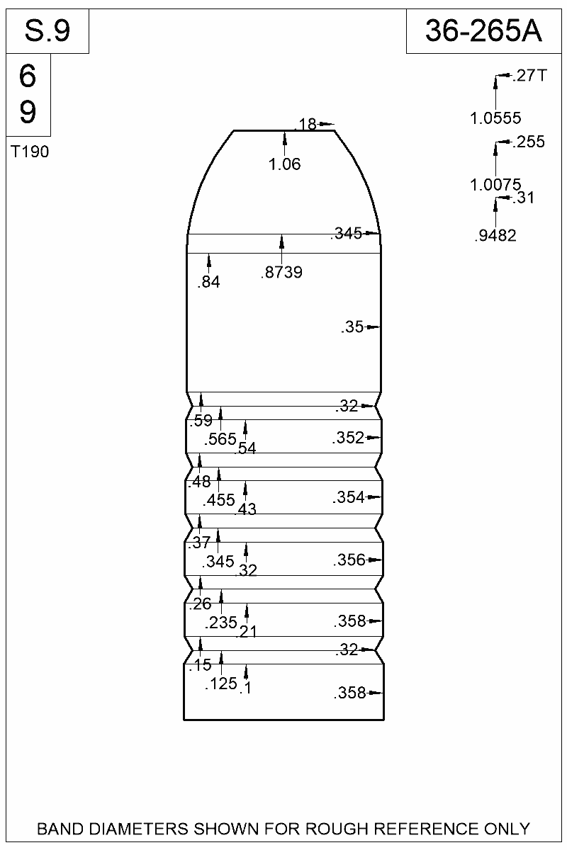 Dimensioned view of bullet 36-265A
