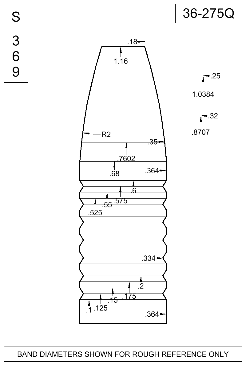 Dimensioned view of bullet 36-275Q