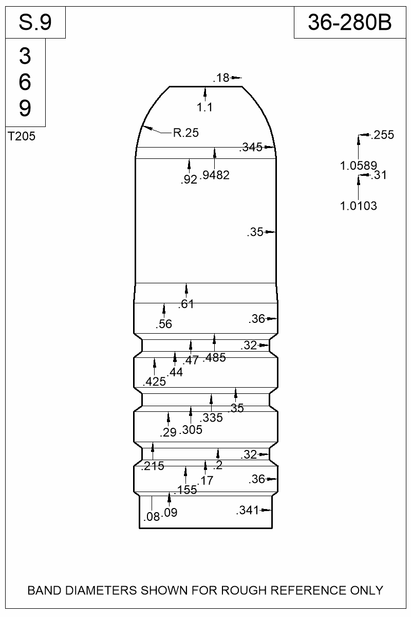 Dimensioned view of bullet 36-280B