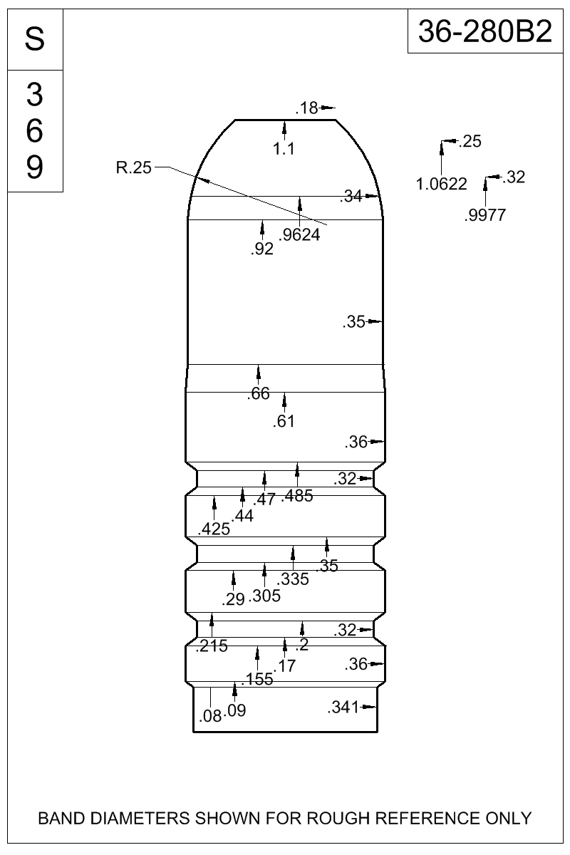 Dimensioned view of bullet 36-280B2