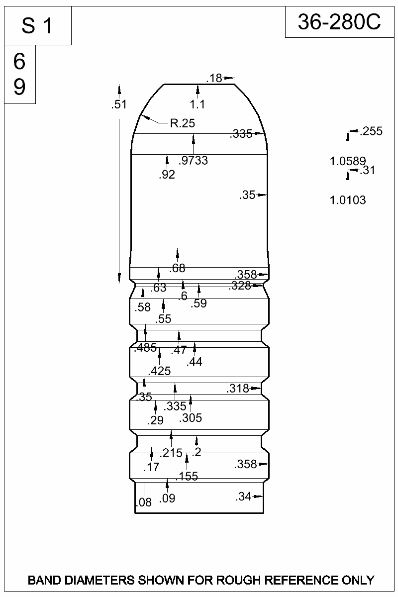 Dimensioned view of bullet 36-280C