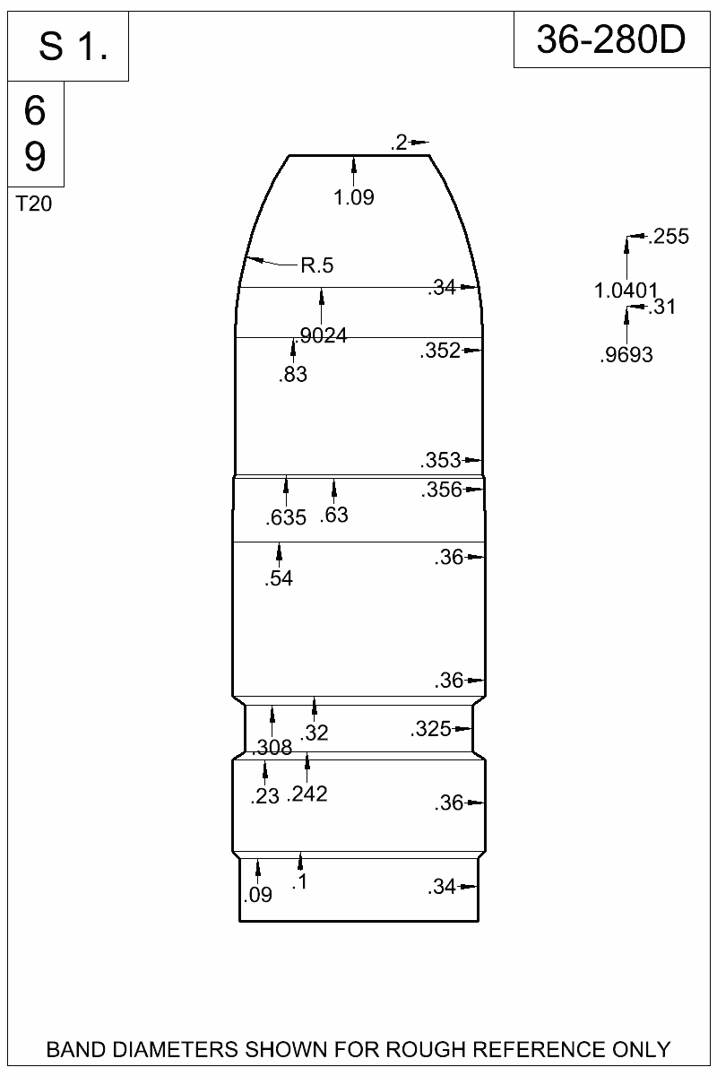 Dimensioned view of bullet 36-280D