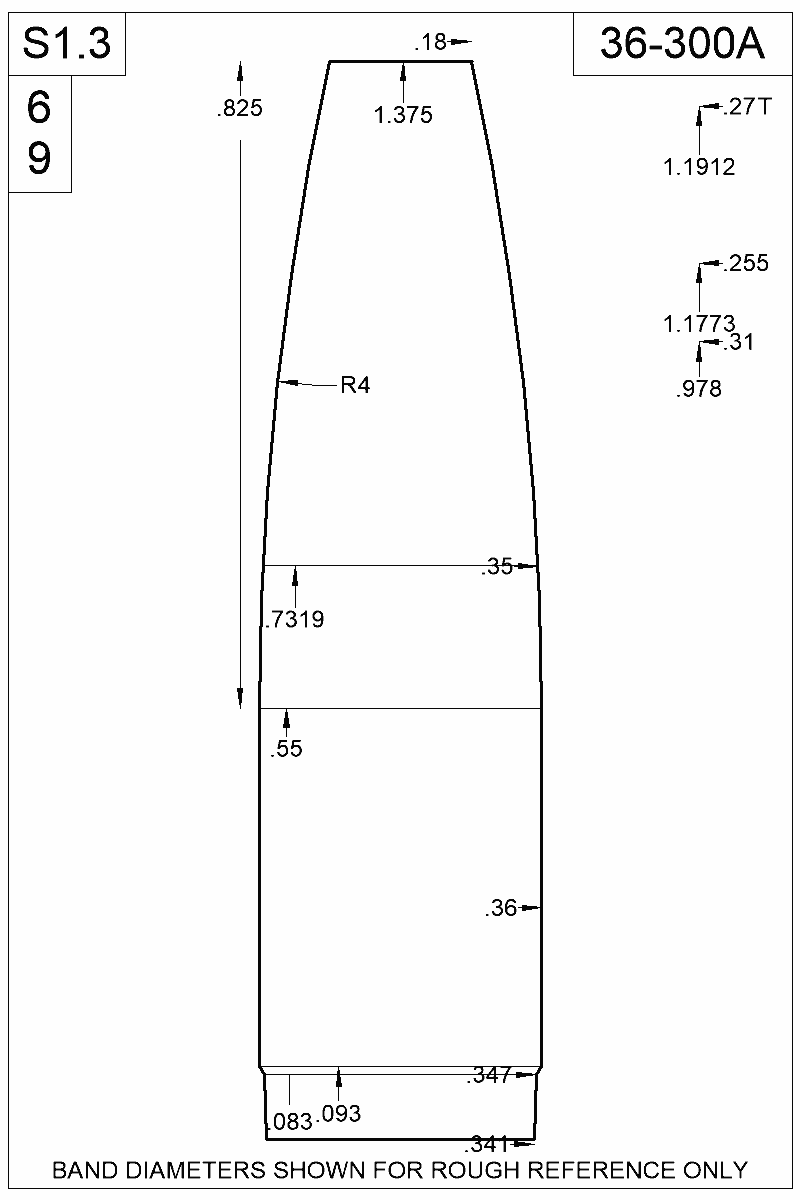 Dimensioned view of bullet 36-300A