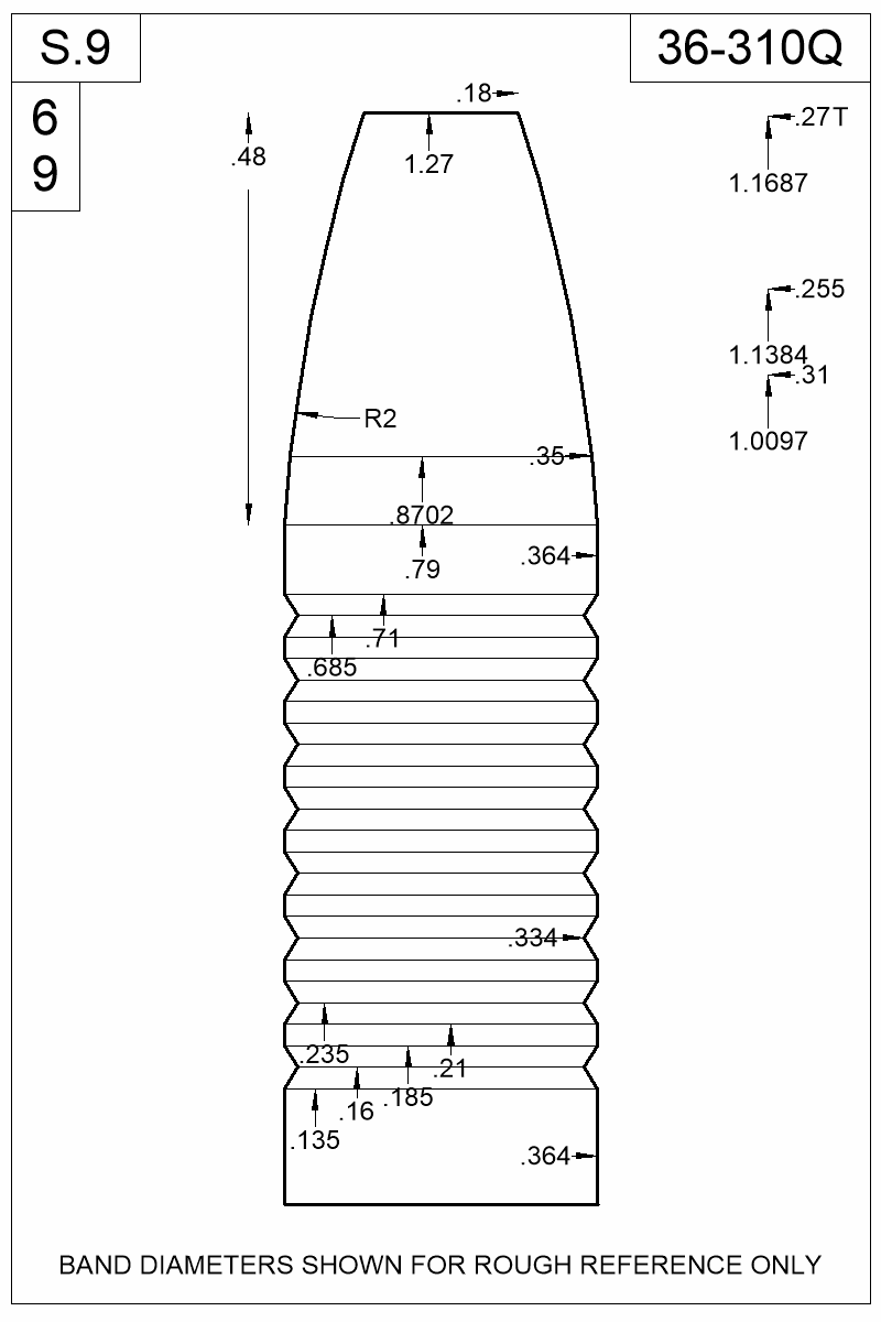 Dimensioned view of bullet 36-310Q