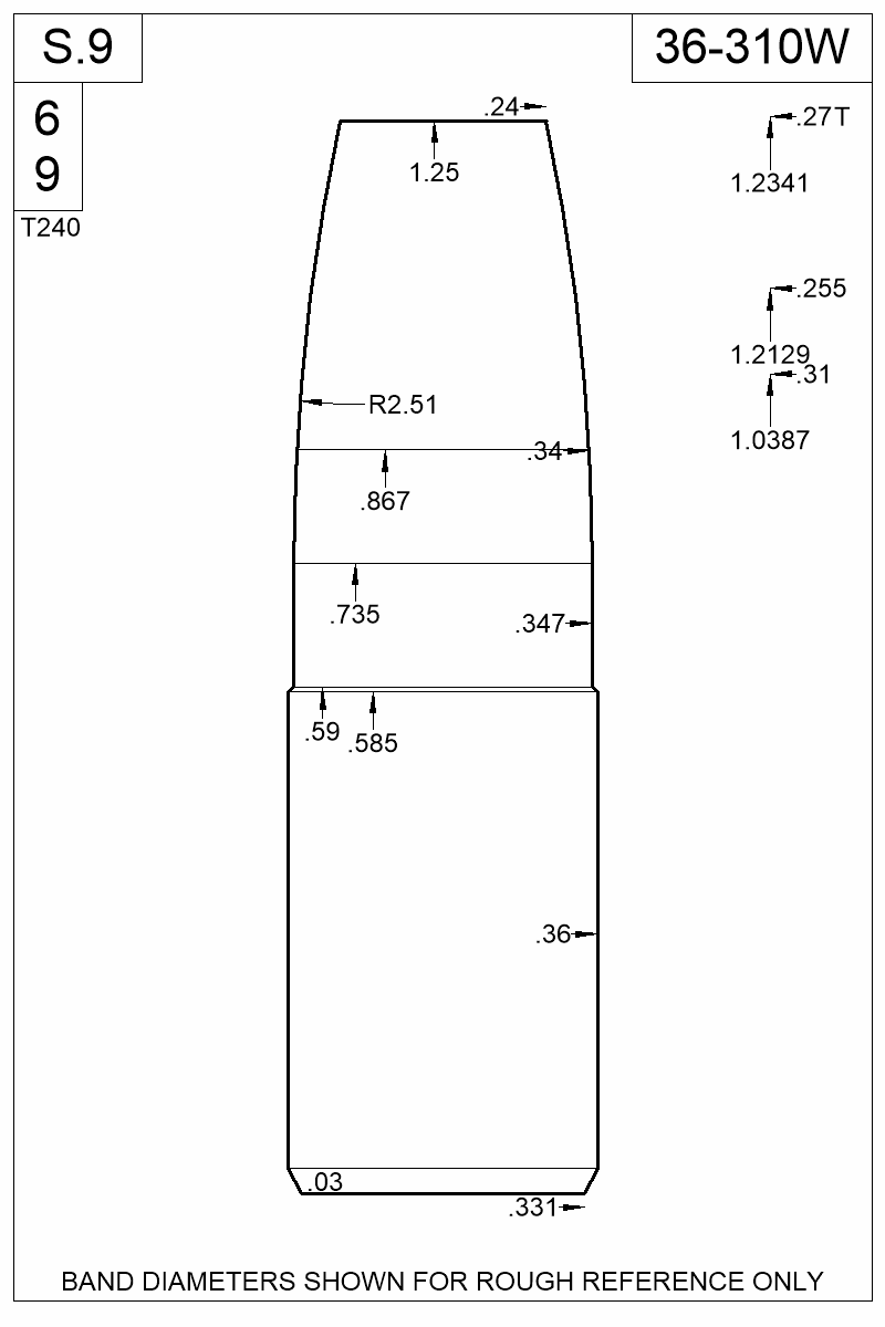 Dimensioned view of bullet 36-310W