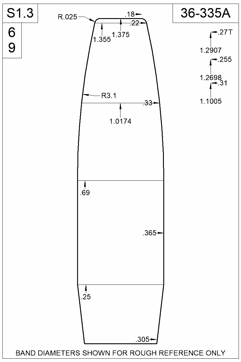 Accurate Molds catalog #36-335A Dimensioned view of bullet 36-335A