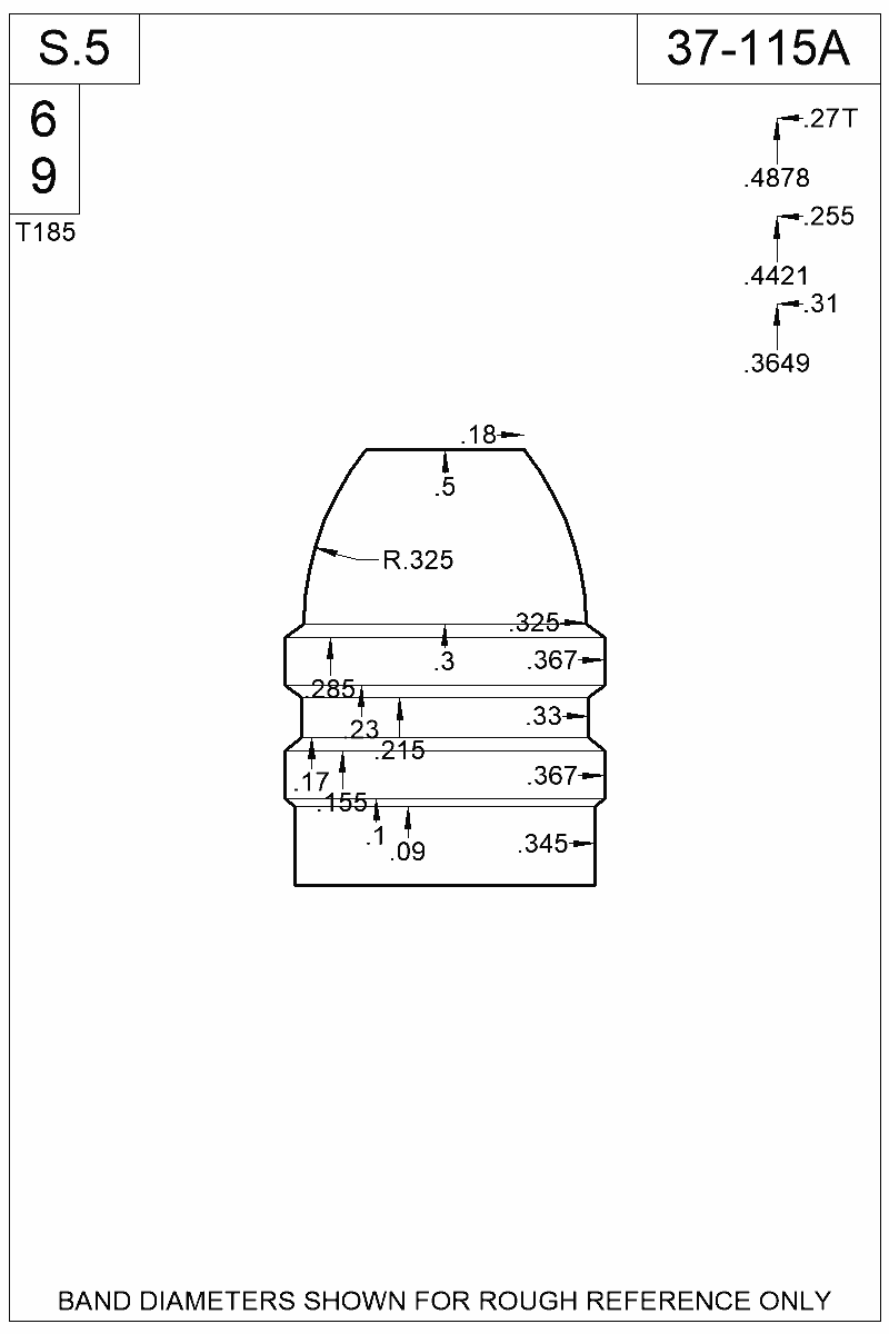 Accurate Molds catalog #37-115A Dimensioned view of bullet 37-115A
