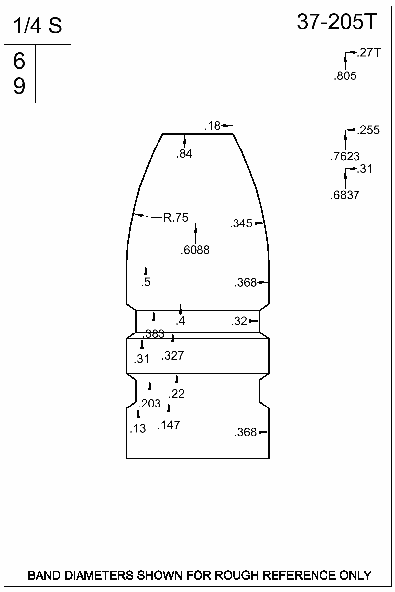 Dimensioned view of bullet 37-205T