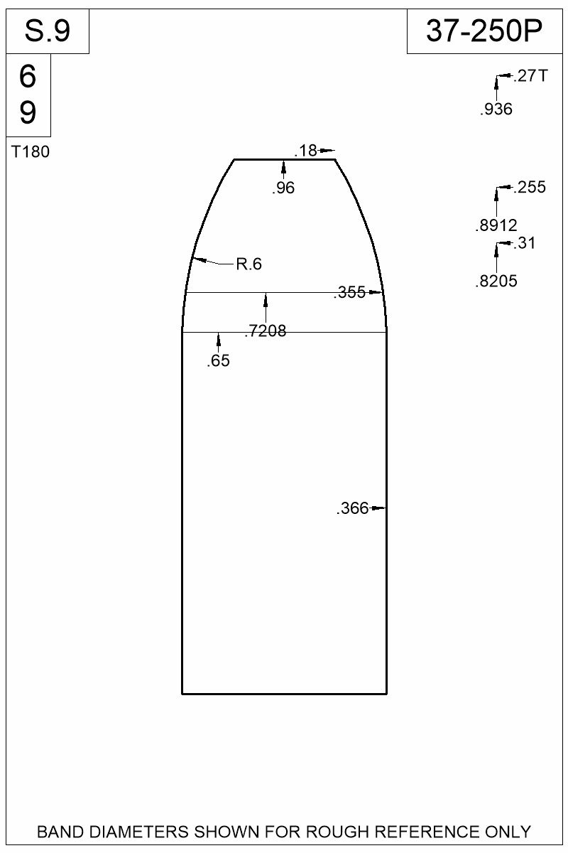 Dimensioned view of bullet 37-250P