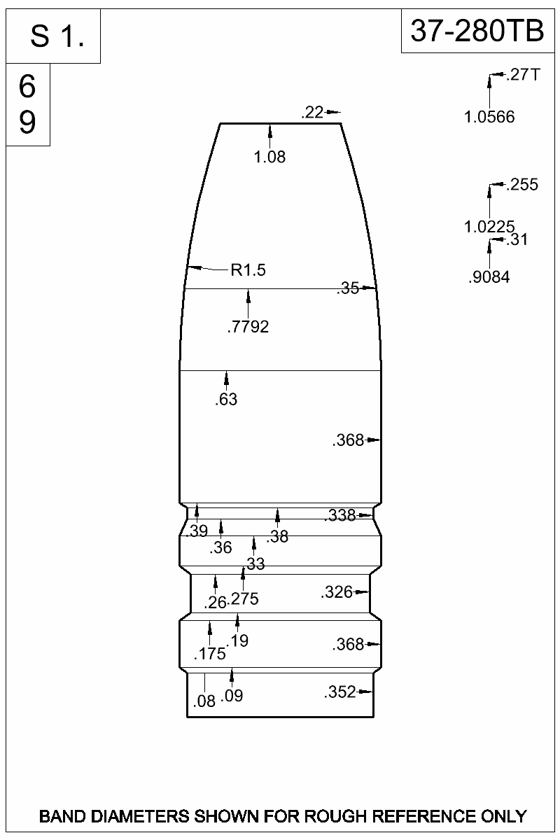 Dimensioned view of bullet 37-280TB