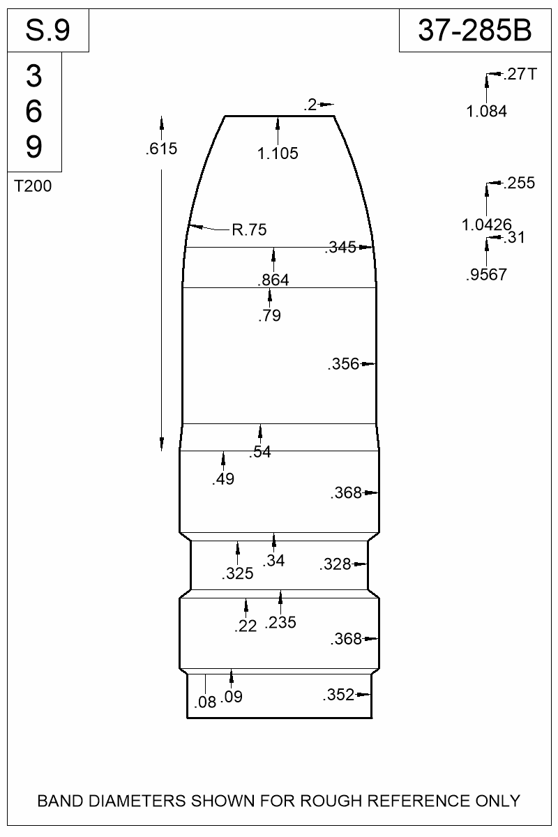 Dimensioned view of bullet 37-285B