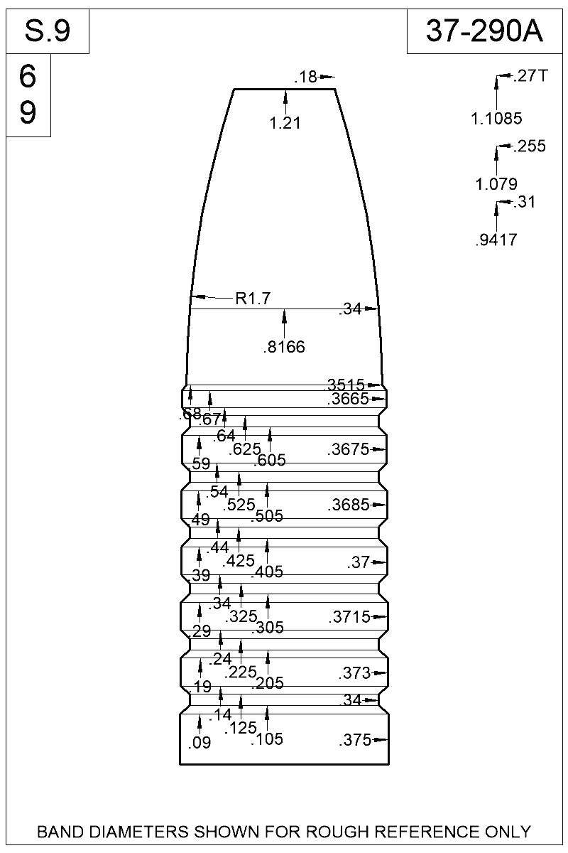 Dimensioned view of bullet 37-290A