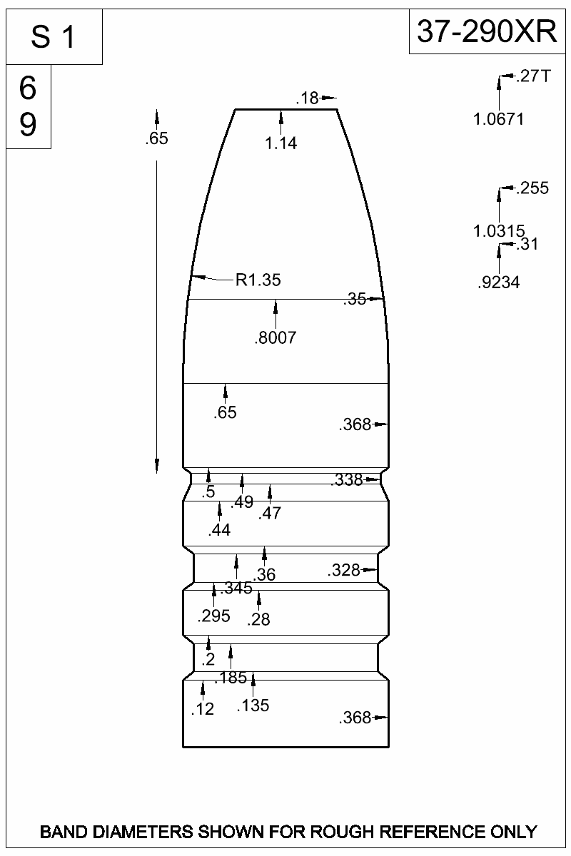 Dimensioned view of bullet 37-290XR