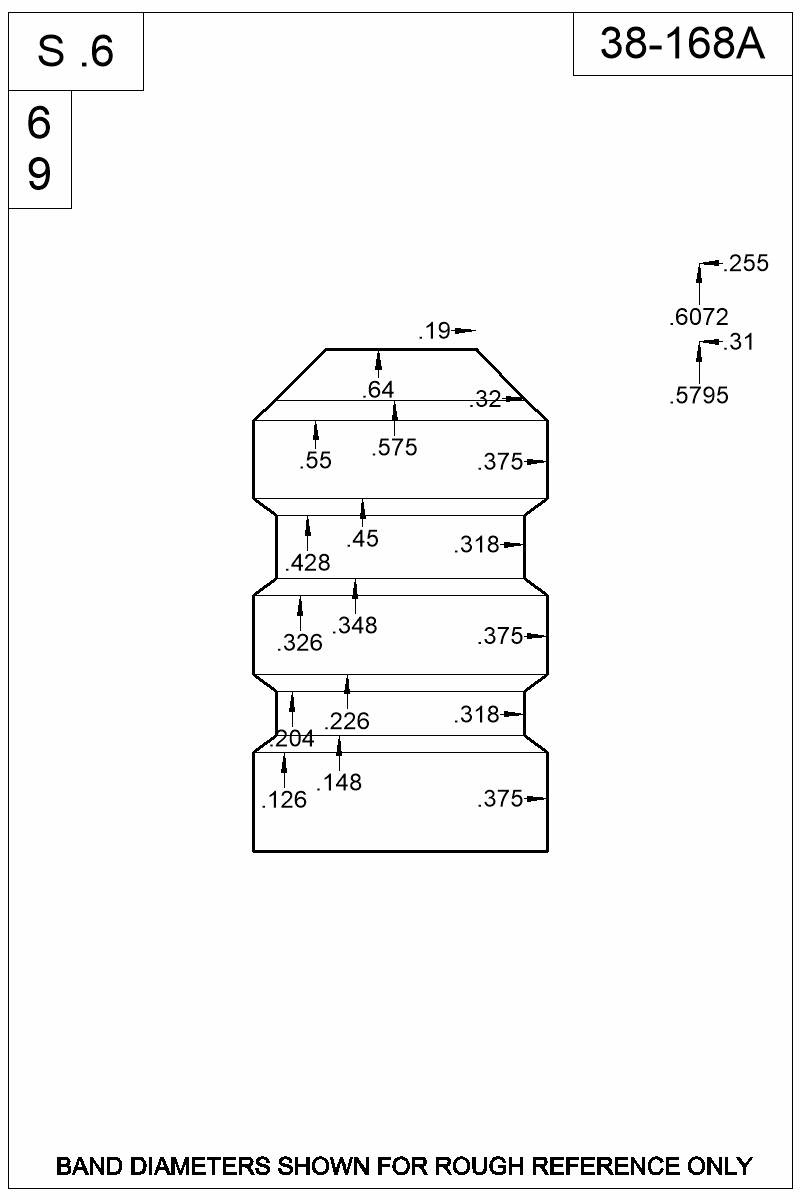 Dimensioned view of bullet 38-168A