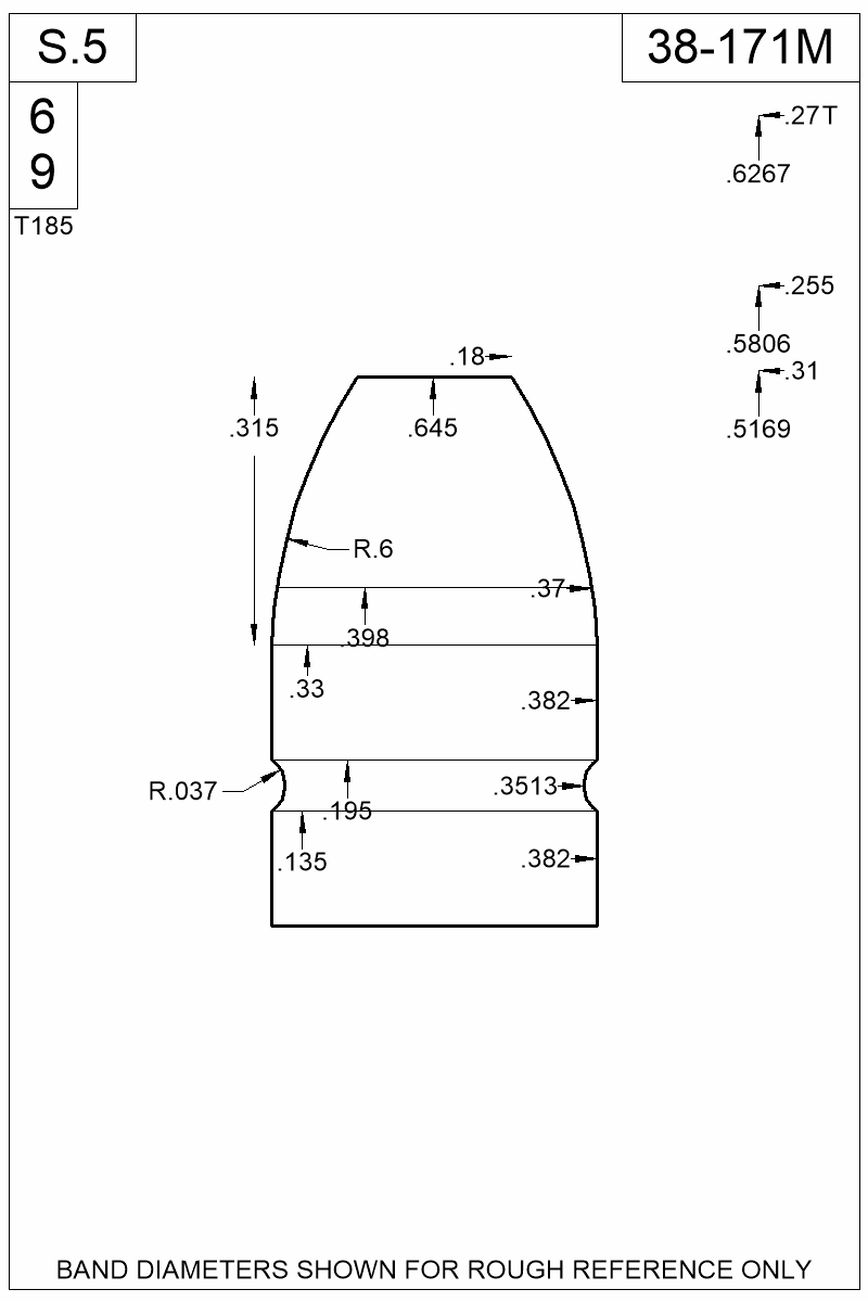 Dimensioned view of bullet 38-171M