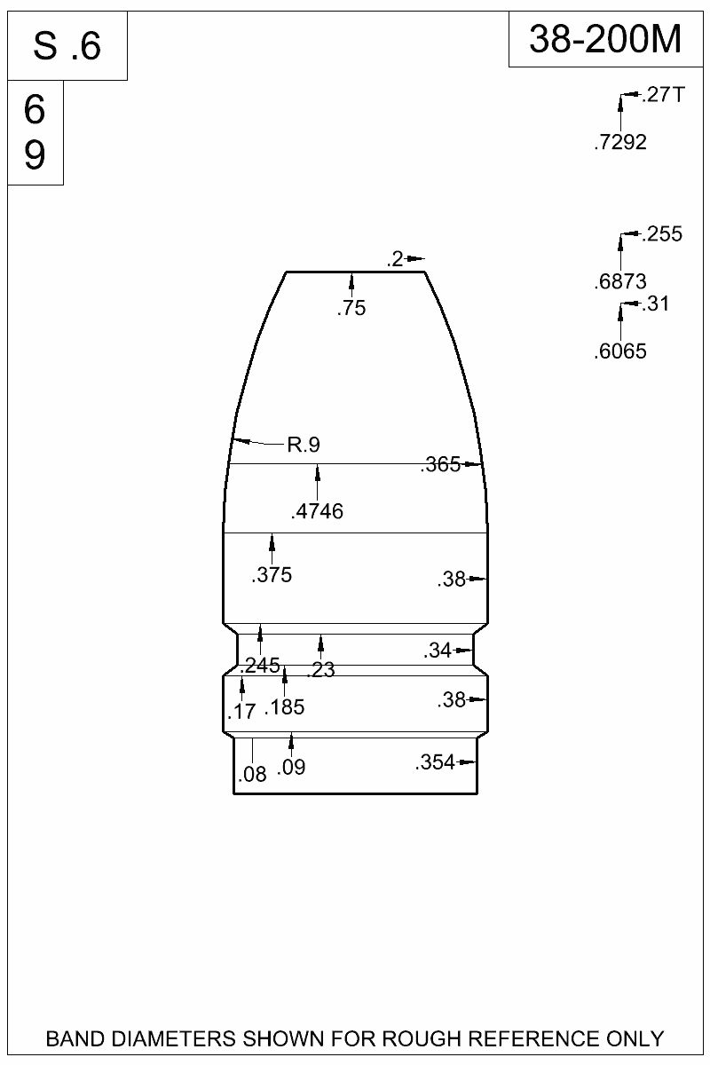 Dimensioned view of bullet 38-200M