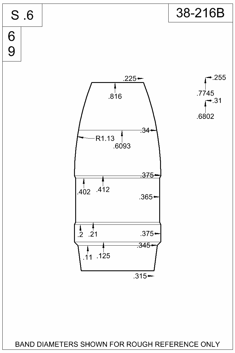 Dimensioned view of bullet 38-216B