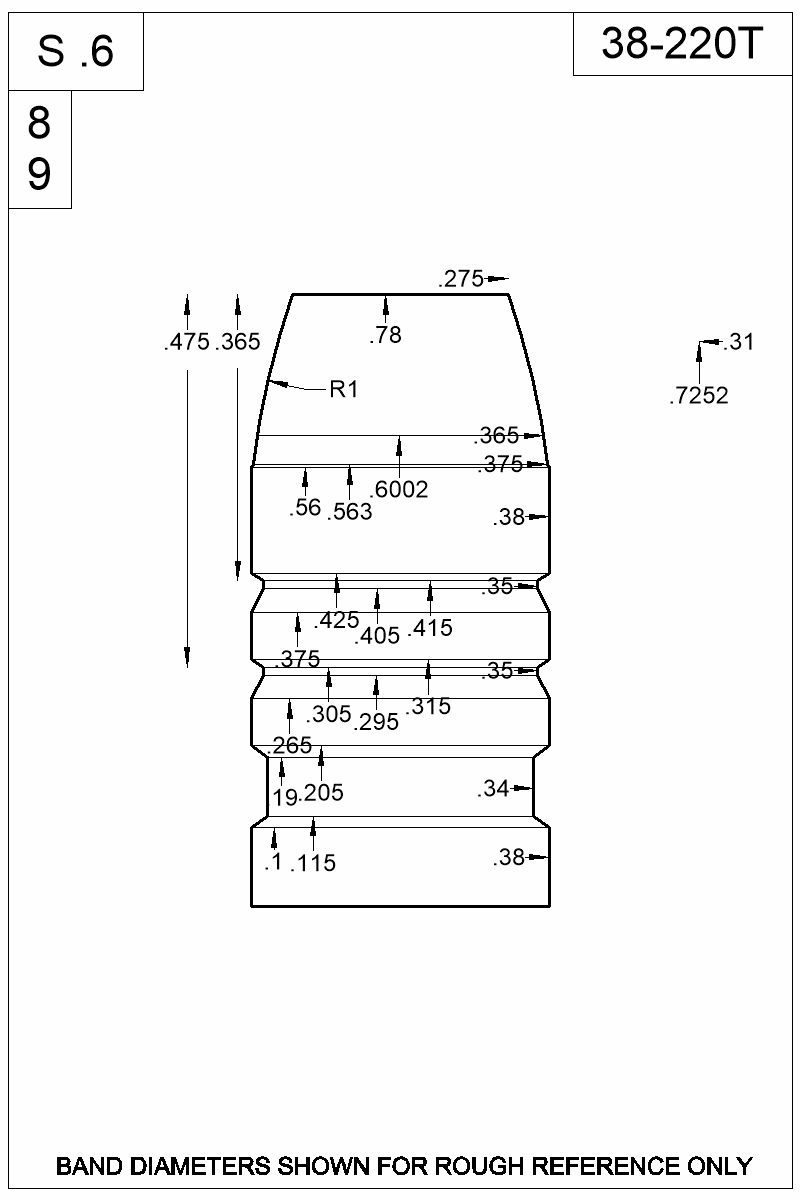Dimensioned view of bullet 38-220T