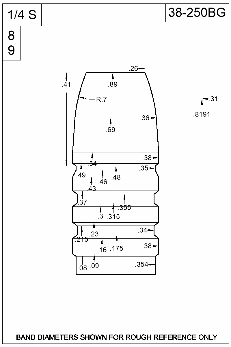 Dimensioned view of bullet 38-250BG