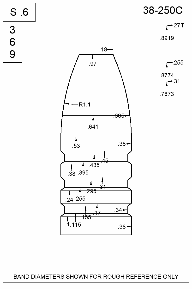 Dimensioned view of bullet 38-250C