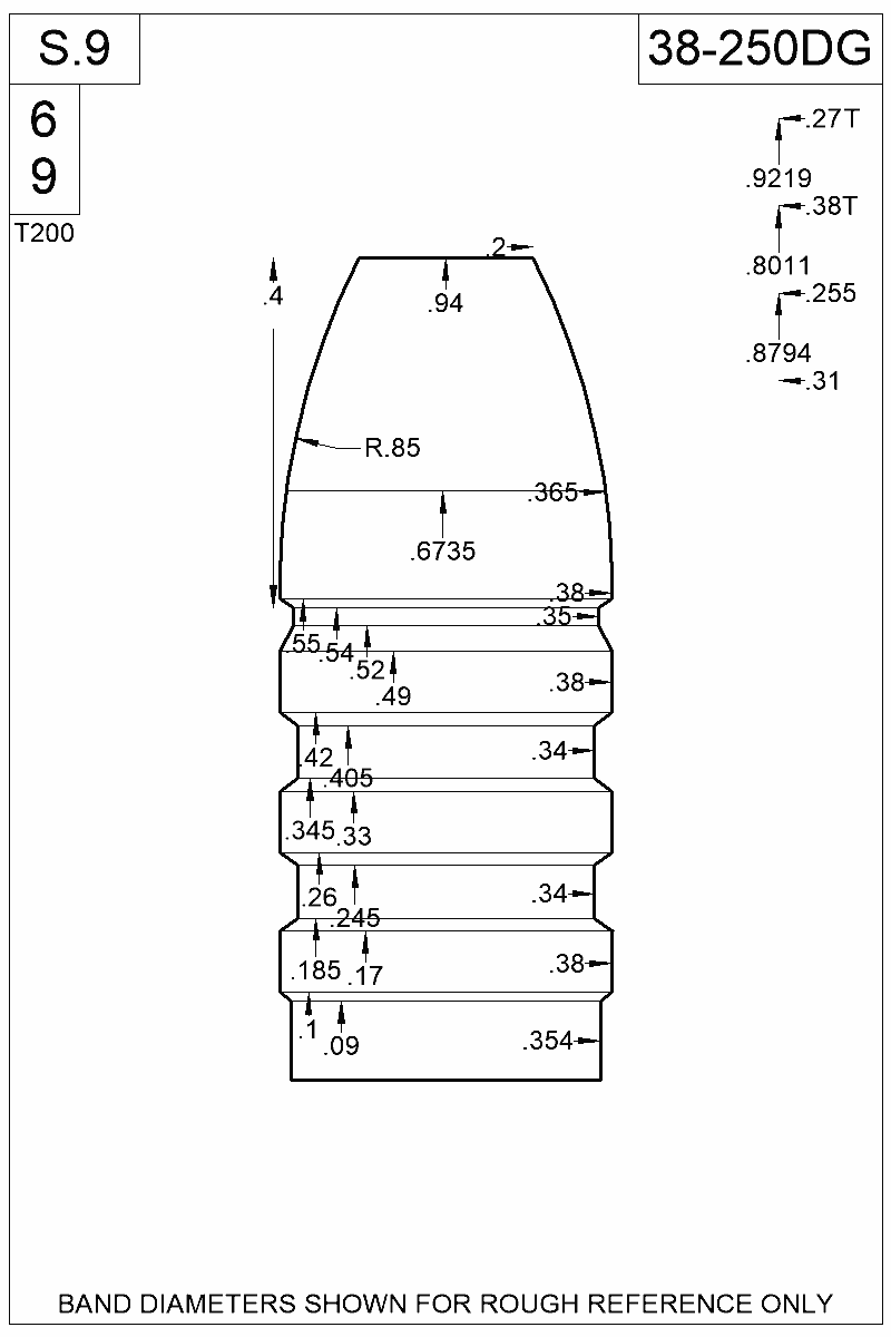 Dimensioned view of bullet 38-250DG