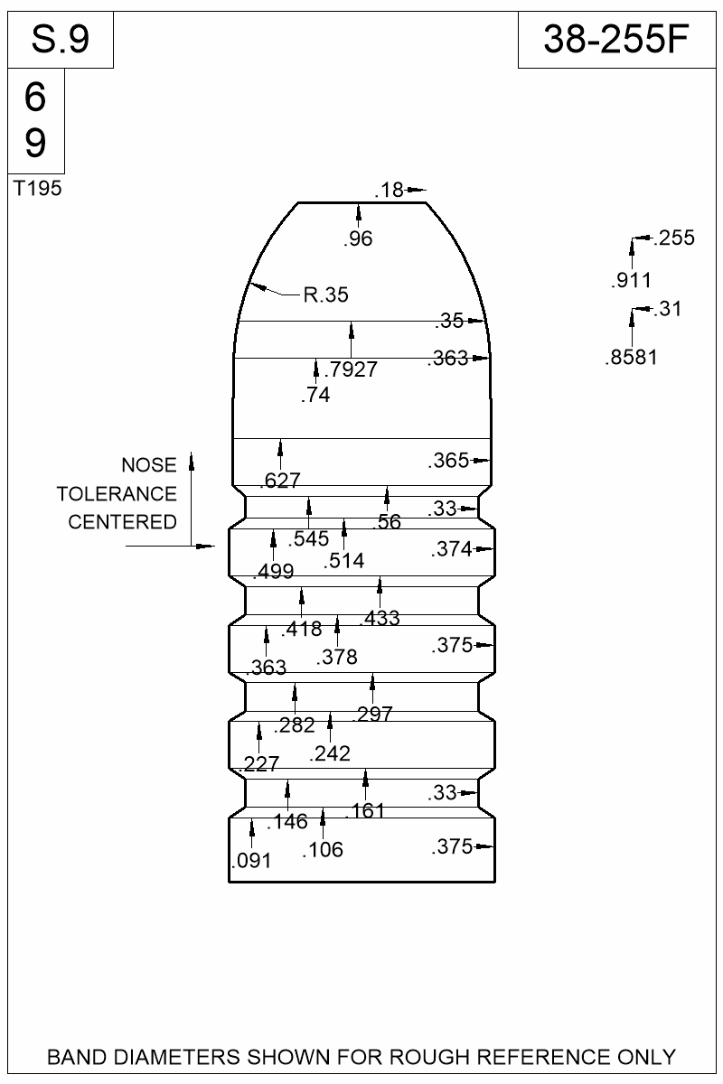 Dimensioned view of bullet 38-255F