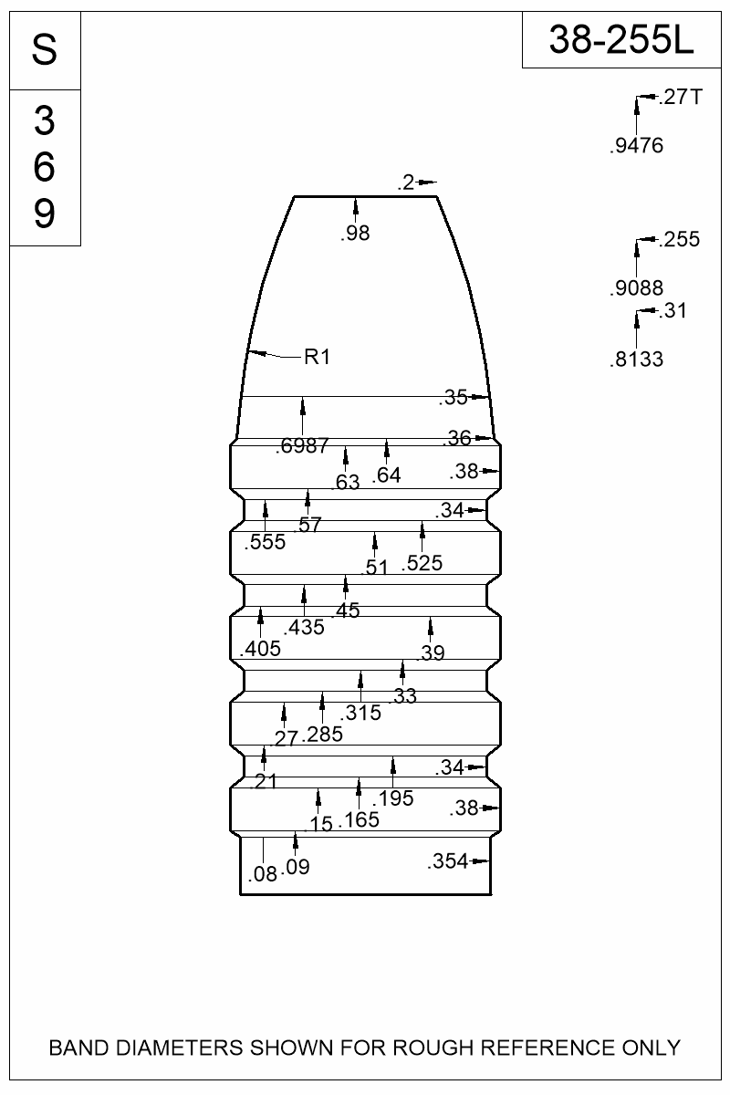 Dimensioned view of bullet 38-255L