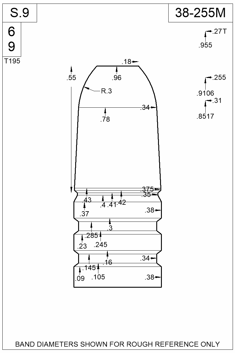 Dimensioned view of bullet 38-255M