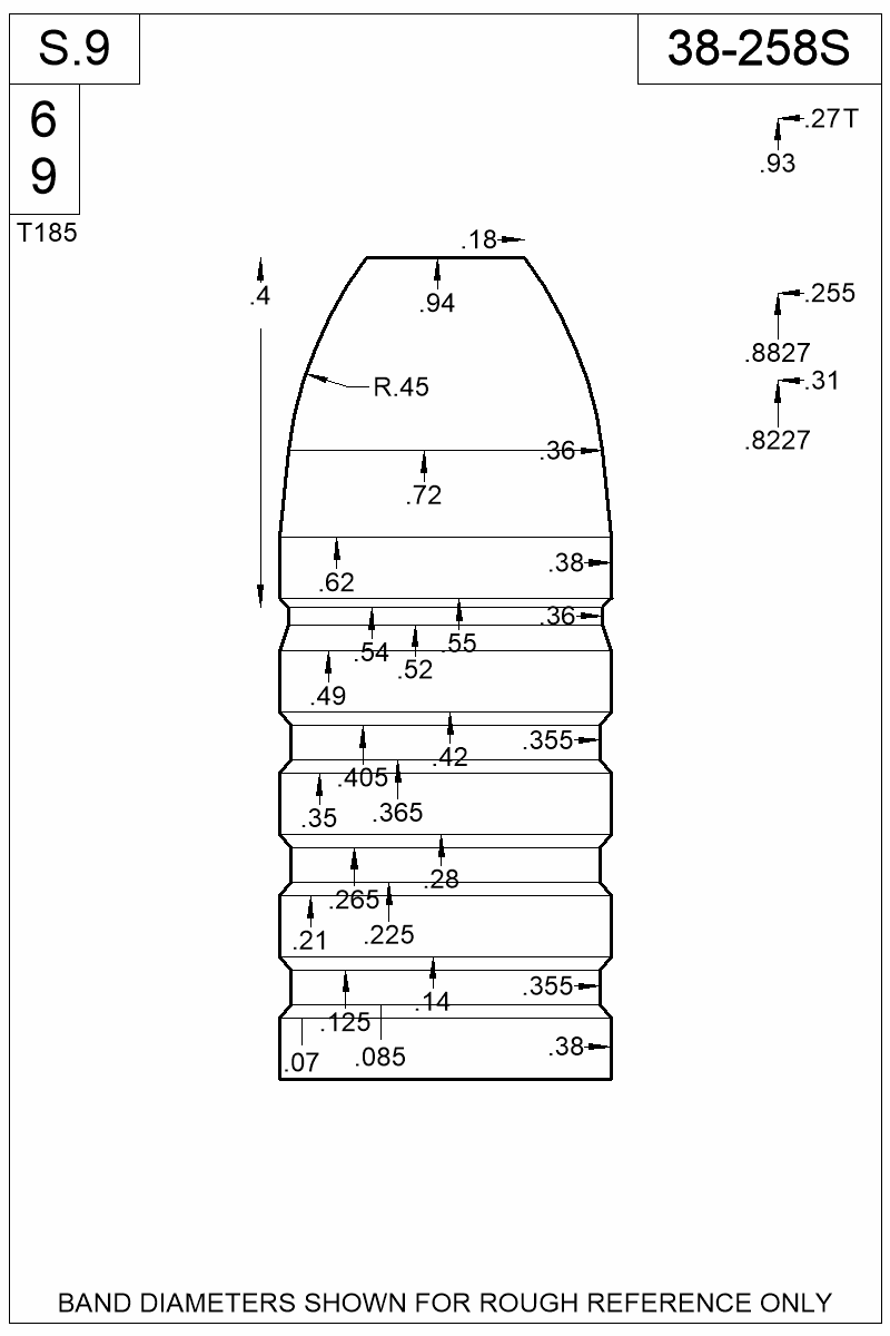 Dimensioned view of bullet 38-258S