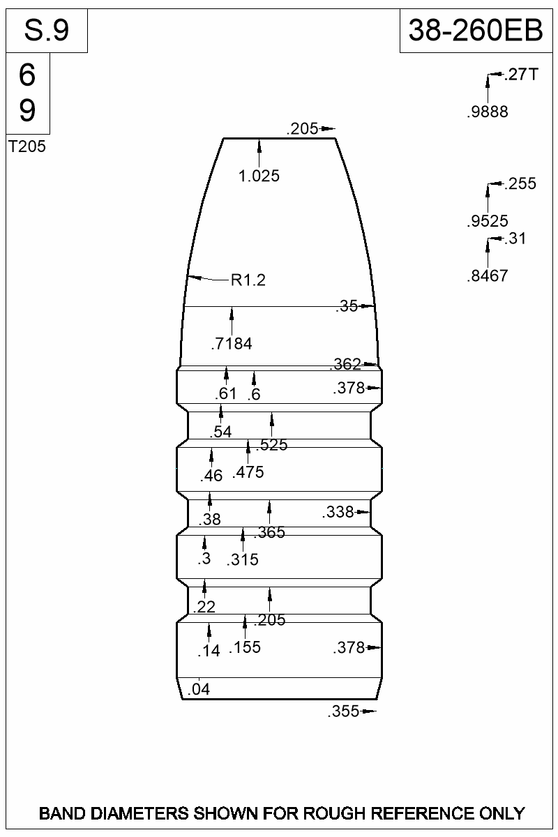 Dimensioned view of bullet 38-260EB