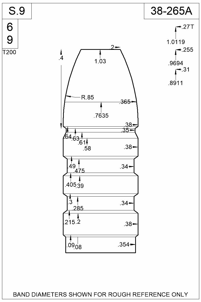 Dimensioned view of bullet 38-265A