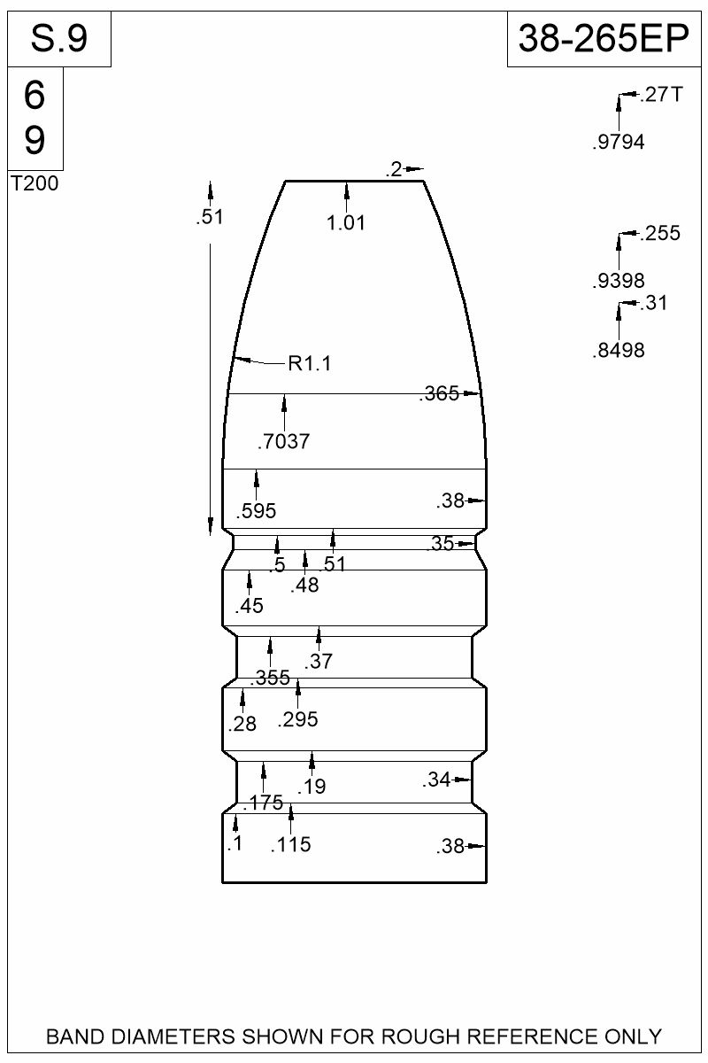 Dimensioned view of bullet 38-265EP