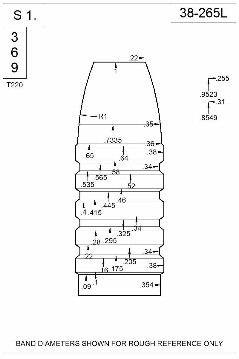 Dimensioned view of bullet 38-265L