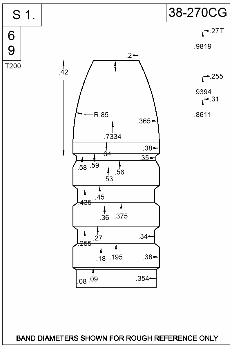 Dimensioned view of bullet 38-270CG