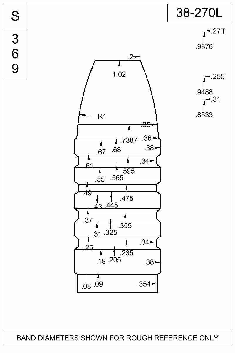 Dimensioned view of bullet 38-270L