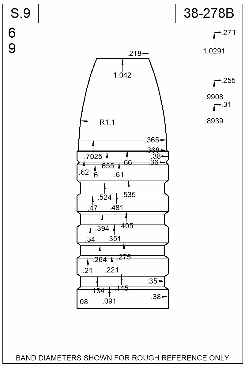 Dimensioned view of bullet 38-278B